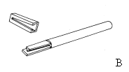Fig. N° 6: Aditamentos Intracoronales Bloqueantes (rígidos) A.- De Precisión, de izquierda a drecha: tipo7, G/A, G/L y Mc Collum (APM Sterngold) B.- De Semiprecisión, patron plástico y mandril del Mini Rest de la Ney.