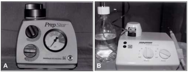 Figura 3: Sistema de aire abrasivo Prep-Star (Danville Engeneering-USA) (A) , Sistema CVDentus® (B).