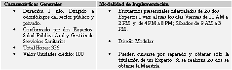 CUADRO Nº 1 MAESTRIA EN SALUD PÚBLICA ORAL DE LA FACULTAD DE ODONTOLOGÍA DE SEVILLA SEGÚN CARACTERÍSTICAS GENERALES Y MODALIDAD DE IMPLEMENTACIÓN. 2004