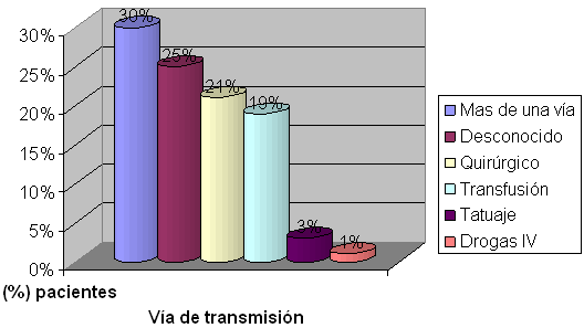 Gráfico 2 Vía de transmisión de los pacientes infectados de Virus de Hepatitis C. HUC, Caracas, 2002-2004