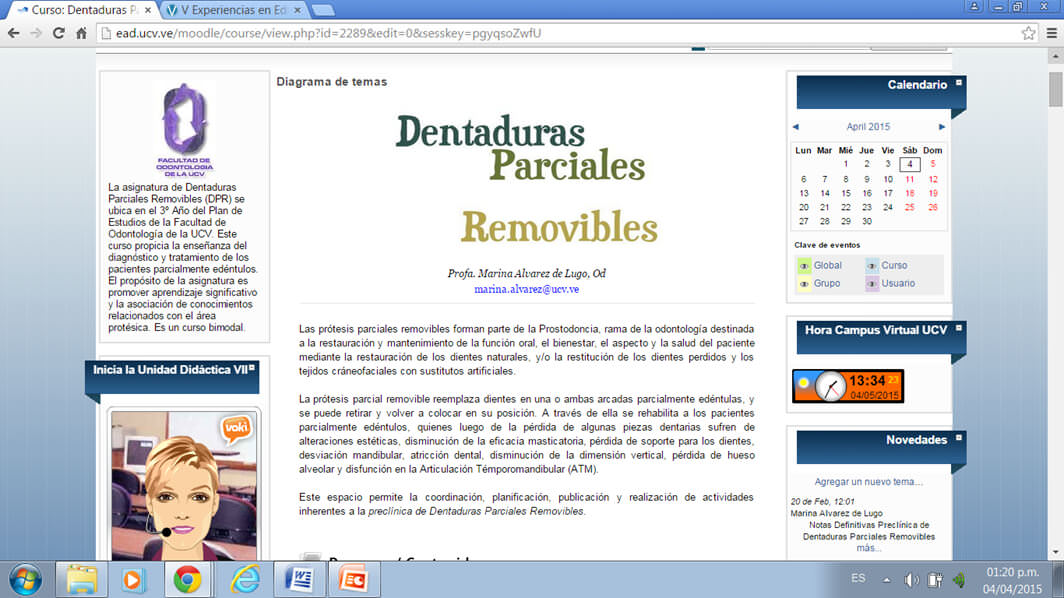 Imagen 1. Aula Virtual Dentaduras Parciales Removibles, dentro del Campus Virtual UCV.