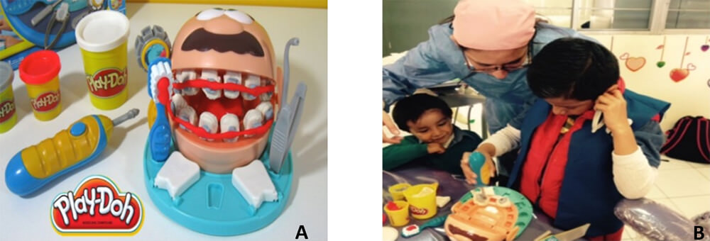 Figura 4 Juego Play Doh (A), Paciente interactuando con herramientas  dentales (B)