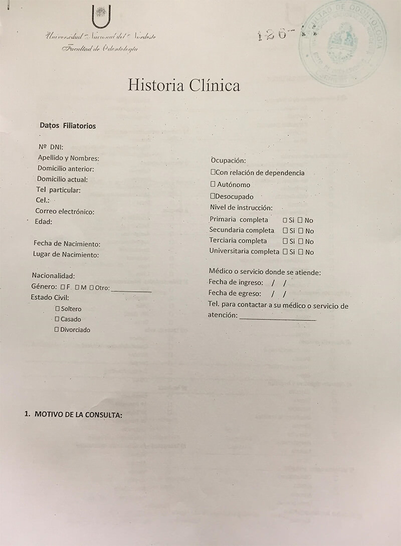 Figura 1: Modelo de Historia Clínica del Servicio de Ortodoncias FOUNNE