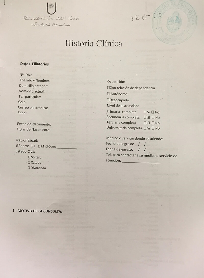 Figura 1: Modelo de Historia Clínica del Servicio de Ortodoncias FOUNNE