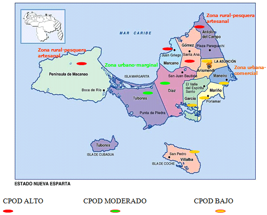 DISTRIBUCIÓN DEL ÍNDICE CPOD POR MUNICIPIOS. EDO. NUEVA ESPARTA
