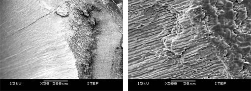 Figura 9 A y B – Aspecto morfológico después del ensayo de cizallamiento utilizando el Clearfil SE Bond. Se observa la falla cohesiva en dentina. Aumento de 50x y 500x.