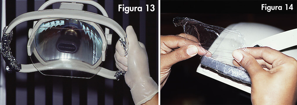 Figs. 13 y 14 Al igual se hace con hojas de bisturí y porta agujas, van directo al envase especial. Se debe usar papel de aluminio o envoplast para proteger la lámpara