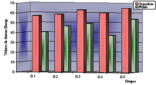 Gráfico 2. Relación dos valores de media de dureza Knoop por región.