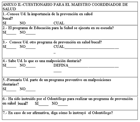 ANEXO II CUESTIONARIO PARA EL MAESTRO COORDINADOR DE SALUD