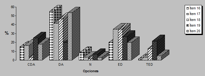 Gráfico No. 10 Síntesis de las respuestas de los entrevistados a los ítem 16 a 20. Maracaibo, Venezuela. 2004