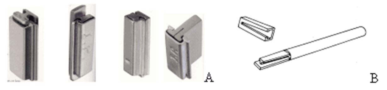 Fig. N° 6: Aditamentos Intracoronales Bloqueantes (rígidos) A.- De Precisión, de izquierda a drecha: tipo7, G/A, G/L y Mc Collum (APM Sterngold) B.- De Semiprecisión, patron plástico y mandril del Mini Rest de la Ney.