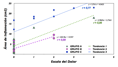 Gráfico 8 Correlación del área de inflamación y el dolor (7días)